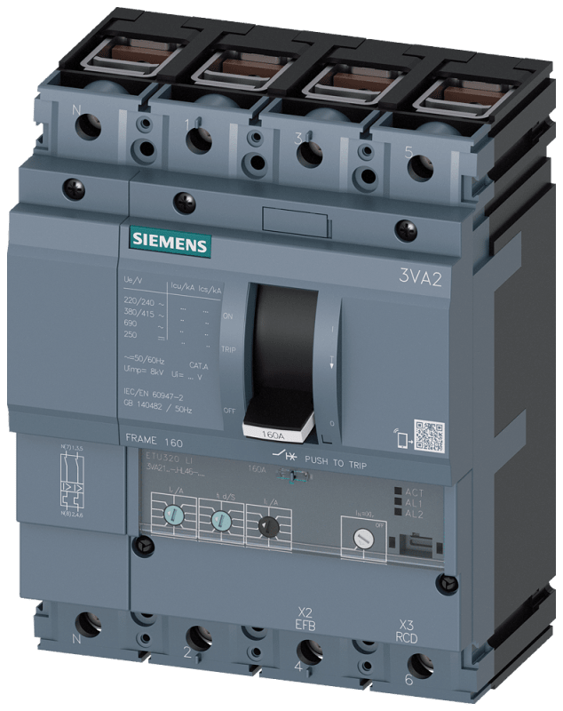 Siemens MCCB_3VA21_4P_55KA_ETU320_,LI,IN=160A,IR=64A-160A,II=1,5-10XIN,,terminal Cu