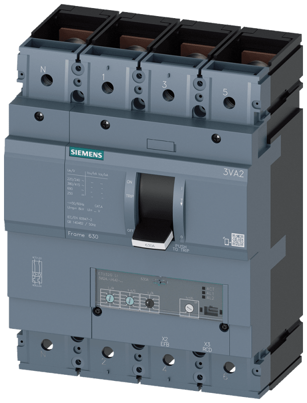 Siemens MCCB_3VA24_4P_55KA_ETU320,LI,IN=630A,IR=252A-630A,II=10XIN,,B