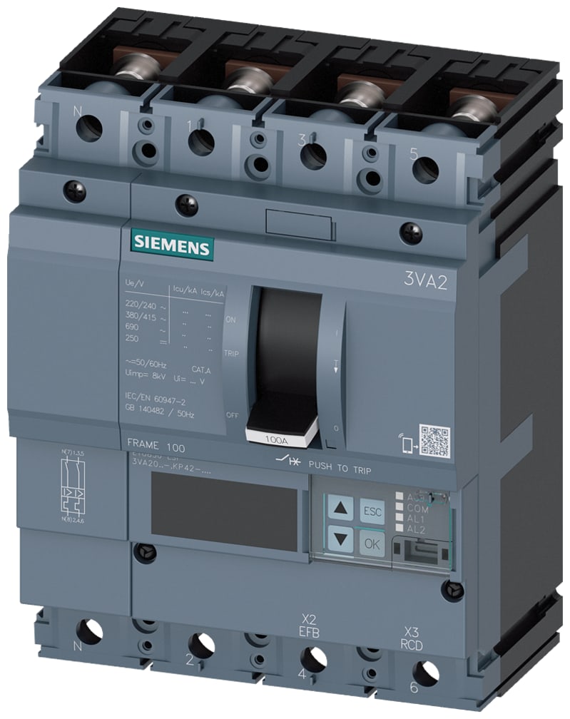 Siemens MCCB_3VA20_4P_55KA_ETU850,LSI,IN=100A,IR=40A-100A,ISD=0,6-10XIN,II=1,5-12XIN,B