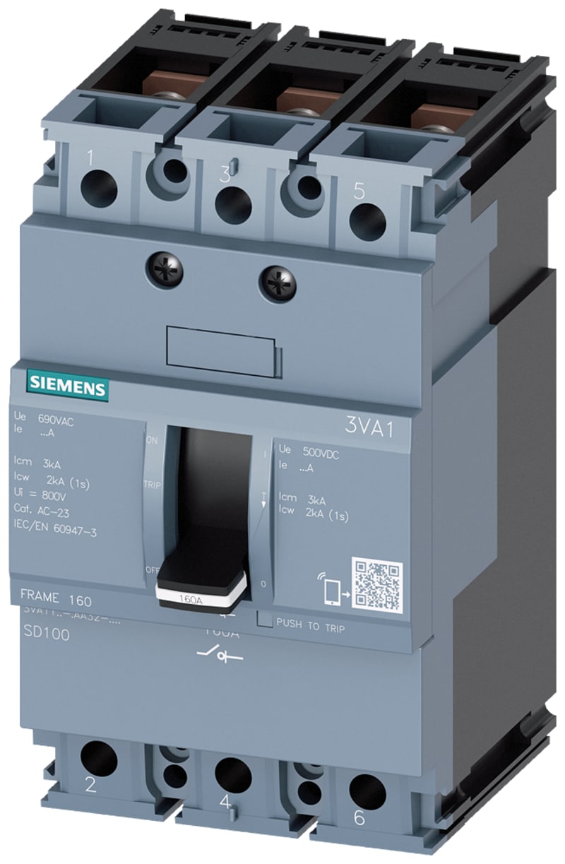 Siemens 3VA1 load-break switch, 3-Pole, 160A, Bolt Connection for cable lug, rails or cable clamps