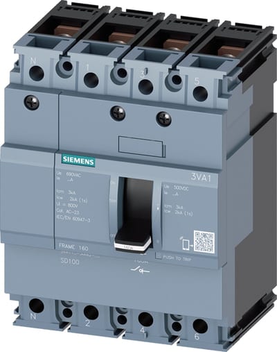 Siemens 3VA1 load-break switch, 4-Pole, 100A, Bolt Connection for cable lug, rails or cable clamps