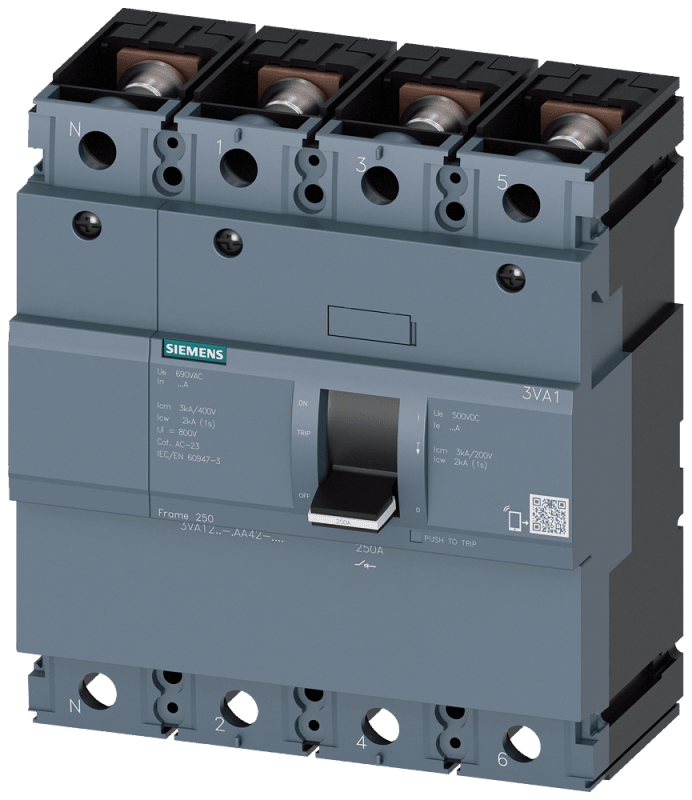 Siemens 3VA1 load-break switch, 4-Pole, 250A, Bolt Connection for cable lug, rails or cable clamps