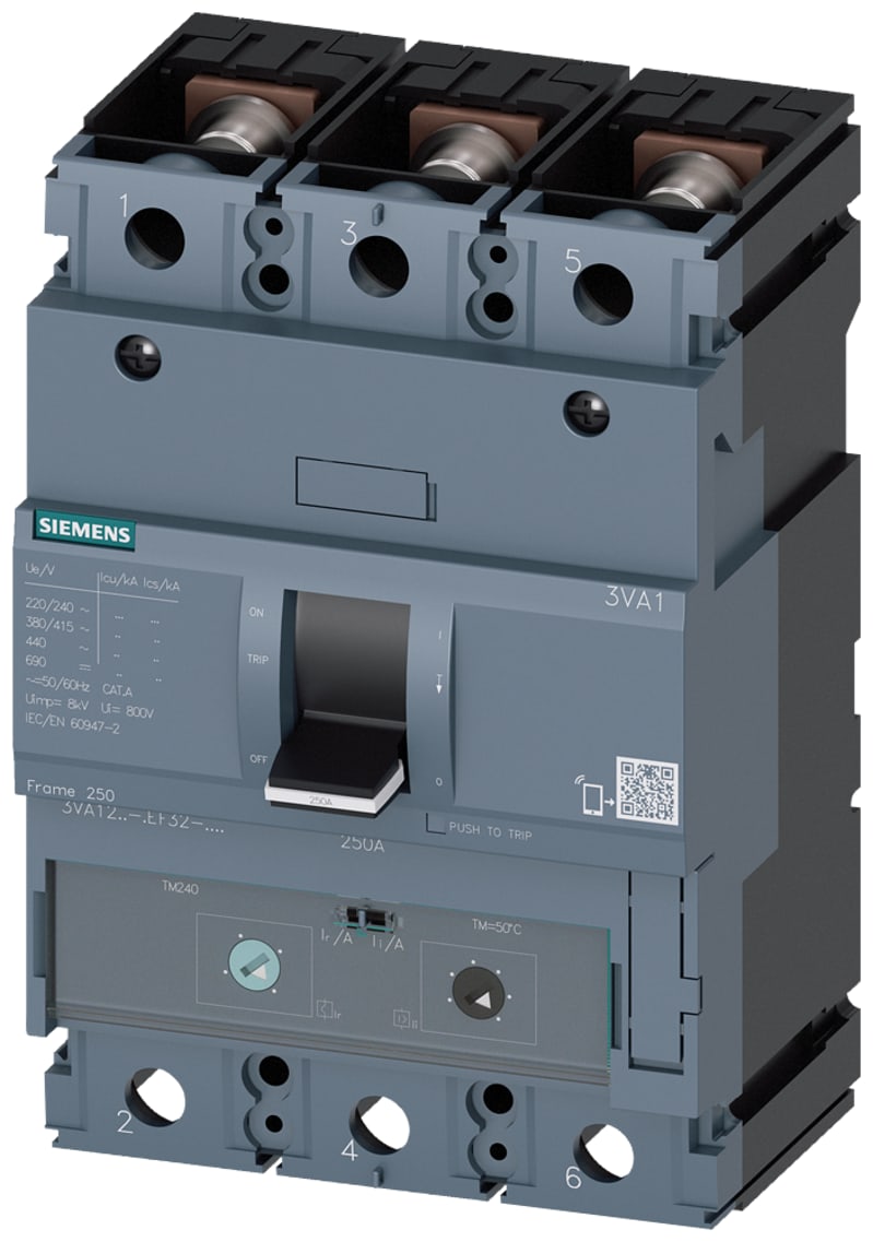 Siemens 3VA12, 70KA, 3-Pole, TM240, IN=200A,IR=140A