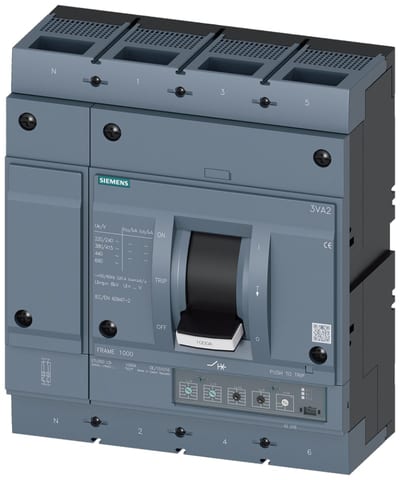 Siemens MCCB_3VA25_4P_55KA_ETU350,LSI PROTECTION, IN=1000A, IR=400A-1000A, ISD=1,5-10XIR, II=10XIN, bolt