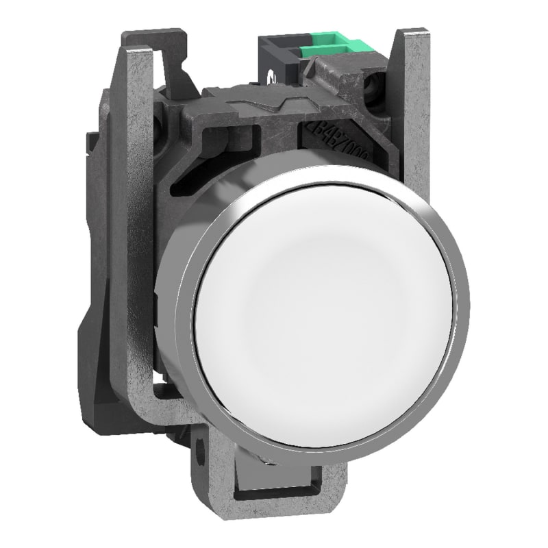 Schneider Electric Push button, Harmony XB4, metal, flush, white, 22mm, spring return, unmarked, 1 NO, compact push in terminals XB4BA115
