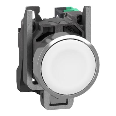 Schneider Electric Push button, Harmony XB4, metal, flush, white, 22mm, spring return, unmarked, 1 NO, compact push in terminals XB4BA115