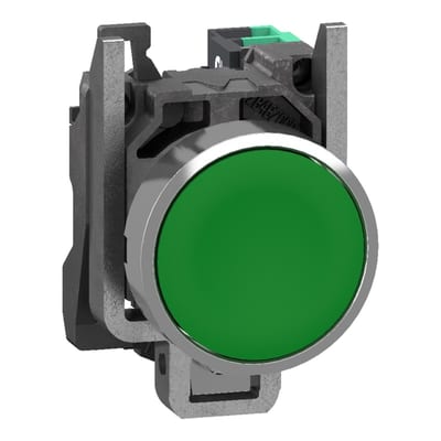 Schneider Electric Push button, Harmony XB4, metal, flush, green, 22mm, spring return, unmarked, 1 NO, compact push in terminals XB4BA315