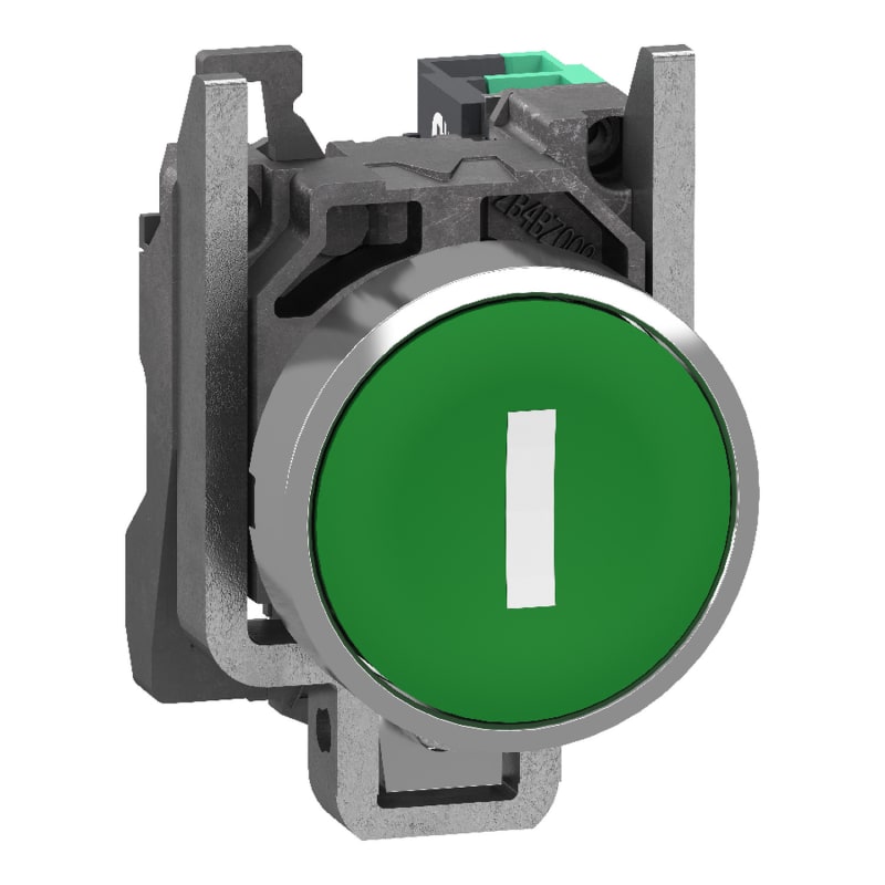 Schneider Electric Push button, Harmony XB4, metal, flush, green, 22mm, spring return, white marked I, 1 NO, compact push in terminals XB4BA33115