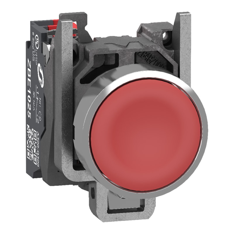 Schneider Electric Push button, Harmony XB4, metal, flush, red, 22mm, spring return, unmarked, 1 NC, compact push in terminals XB4BA425