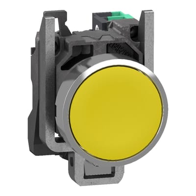 Schneider Electric Push button, Harmony XB4, metal, flush, yellow, 22mm, spring return, unmarked, 1 NO, compact push in terminals XB4BA515