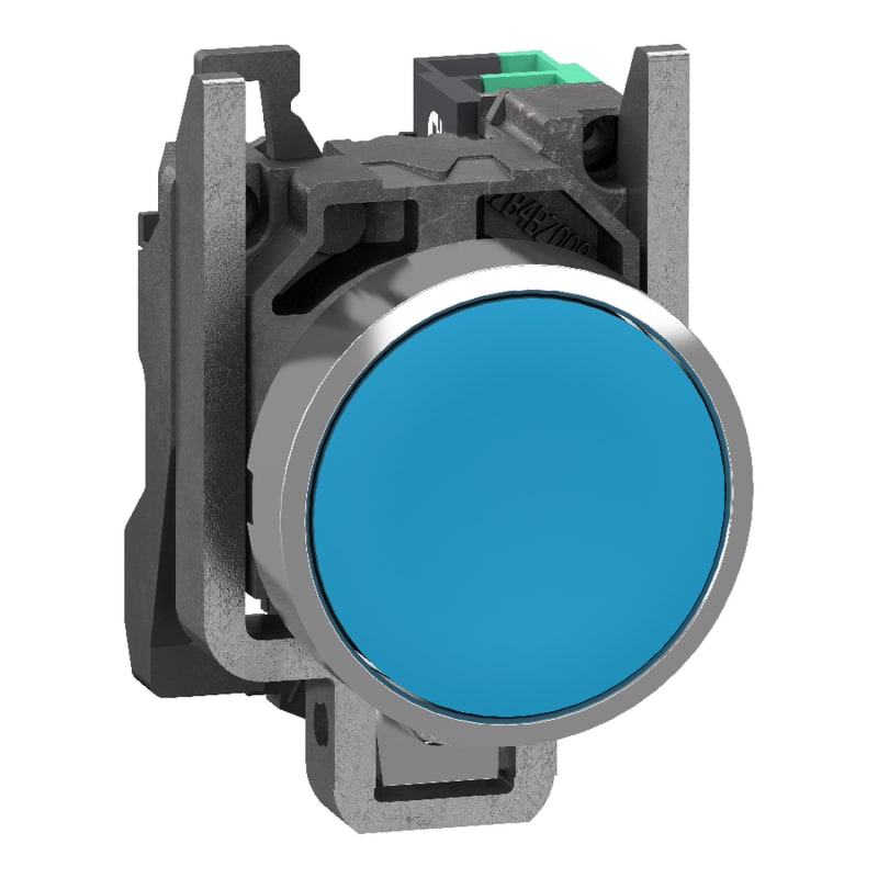 Schneider Electric Push button, Harmony XB4, metal, flush, blue, 22mm, spring return, unmarked, 1 NO, compact push in terminals XB4BA615