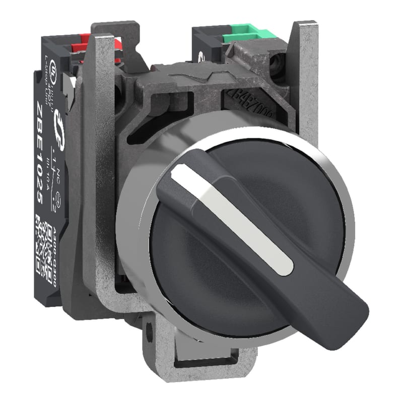 Schneider Electric Selector switch, Harmony XB4, metal, black, 22mm, 2 positions, stay put, 1 NO + 1 NC, compact push in terminals XB4BD255