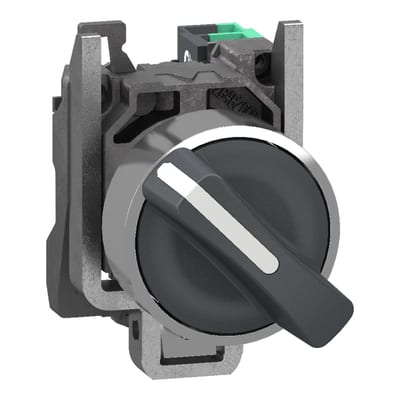 Schneider Electric Selector switch, Harmony XB4, metal, black, 22mm, 2 positions, spring return from right to left, 1 NO, compact push in XB4BD415
