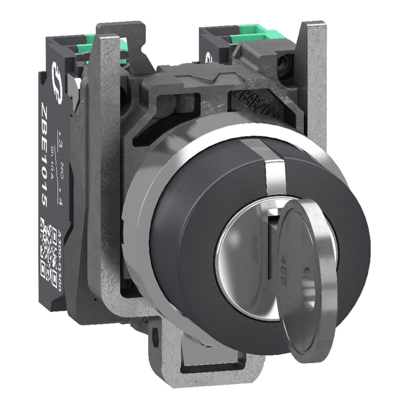 Schneider Electric Key switch selector, Harmony XB4, metal, black, 22mm, key 455, 3 positions, stay put, key release center, 2 NO, push in XB4BG335