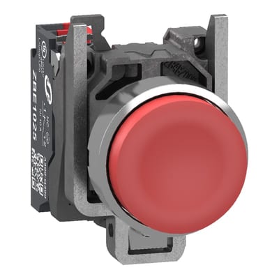 Schneider Electric Push button, Harmony XB4, metal, projecting, red, 22mm, spring return, unmarked, 1 NC, compact push in terminals XB4BL425