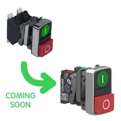 Schneider Electric Double headed push button, Harmony XB4, metal, 22mm, 1 green flush marked I + 1 red projecting marked O, 1NO+1NC, push in XB4BL734155