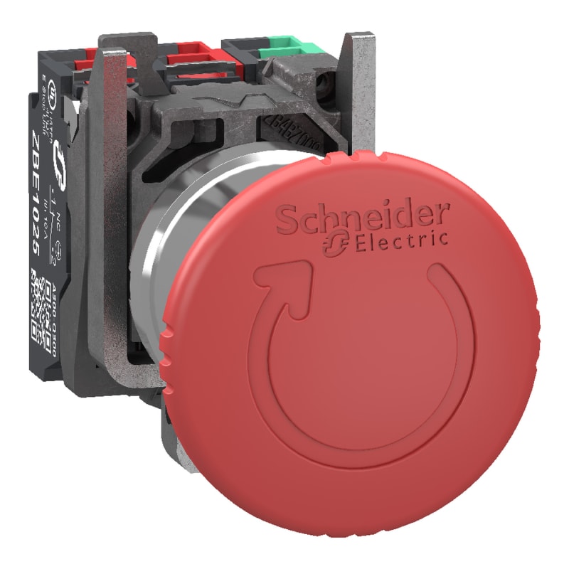 Schneider Electric Emergency stop switching off, Harmony XB4, metal, red mushroom 40mm, 22mm, trigger turn to release, 1 NO + 2 NC, push in XB4BS844415