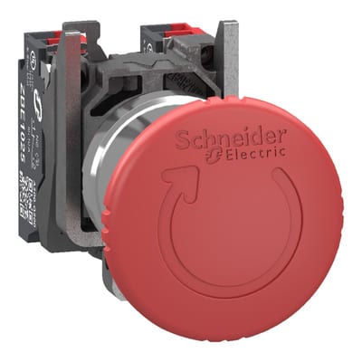 Schneider Electric Emergency stop switching off, Harmony XB4, metal, red mushroom 40mm, 22mm, trigger turn to release, 2NC, compact push in XB4BS84445