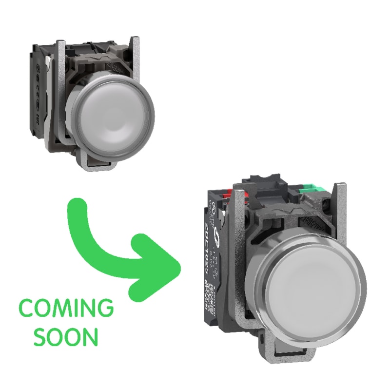 Schneider Electric Illuminated push button, Harmony XB4, metal, white flush, 22mm, universal LED, plain lens, 1NO + 1NC, 24V AC DC, push in XB4BW31B55