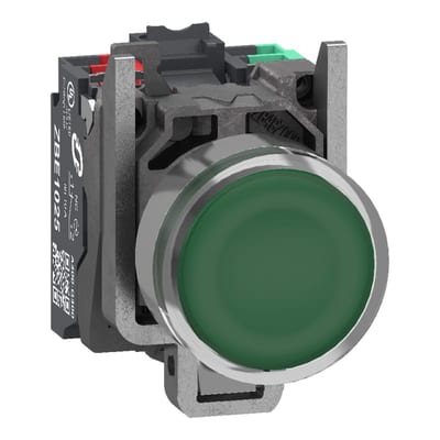 Schneider Electric Illuminated push button, Harmony XB4, metal, green flush, 22mm, universal LED, plain lens, 1NO + 1NC, 24V AC DC, push in XB4BW33B55