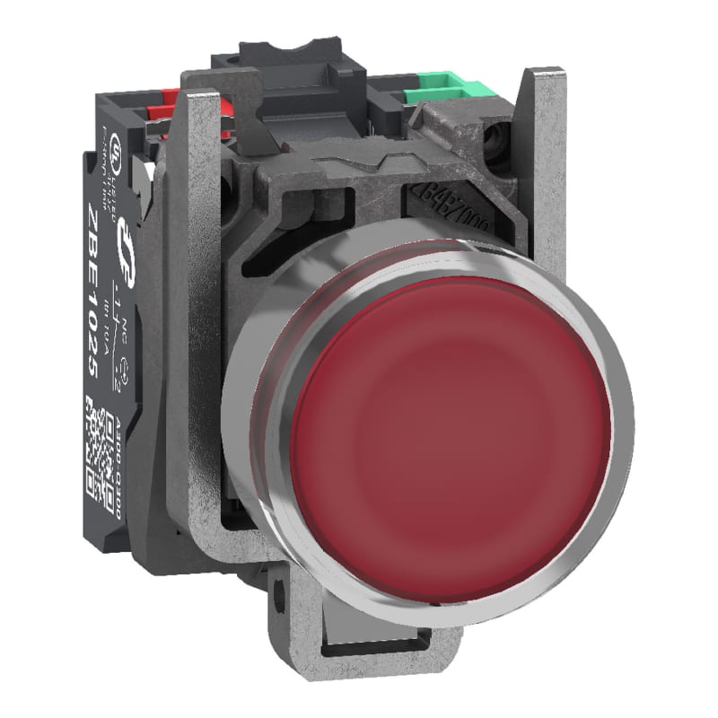 Schneider Electric Illuminated push button, Harmony XB4, metal, red flush, 22mm, universal LED, plain lens, 1 NO + 1 NC, 24V AC DC, push in XB4BW34B55