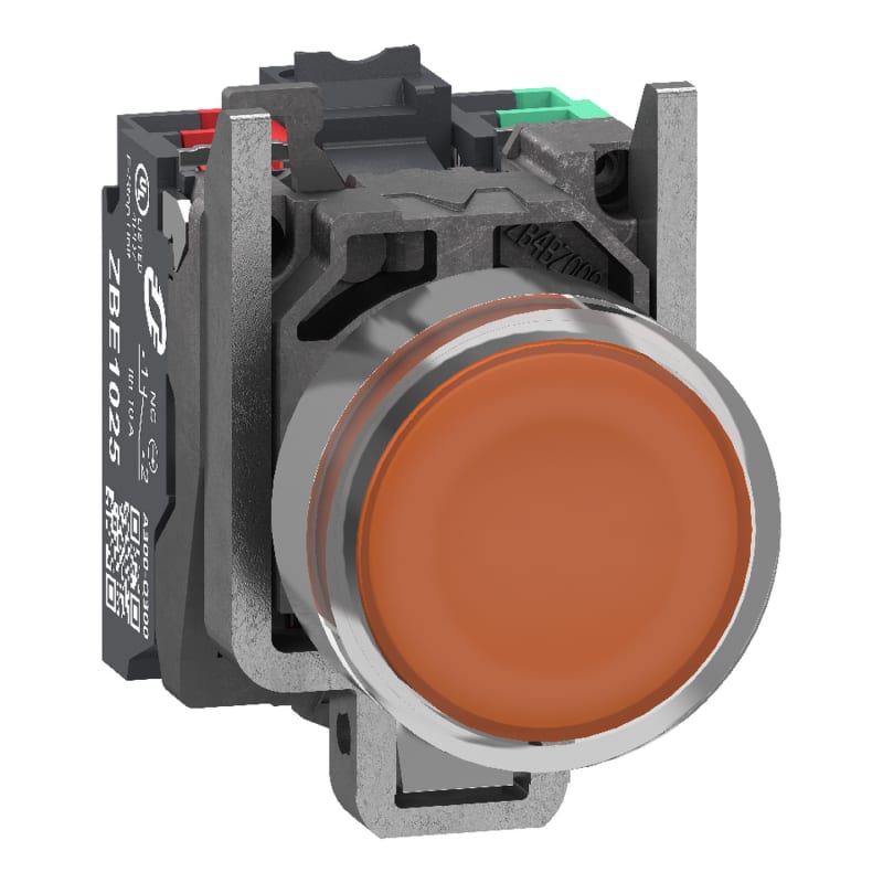 Schneider Electric Illuminated push button, Harmony XB4, metal, orange flush, 22mm, universal LED, plain lens, 1NO+1NC, 24V AC DC, push in XB4BW35B55