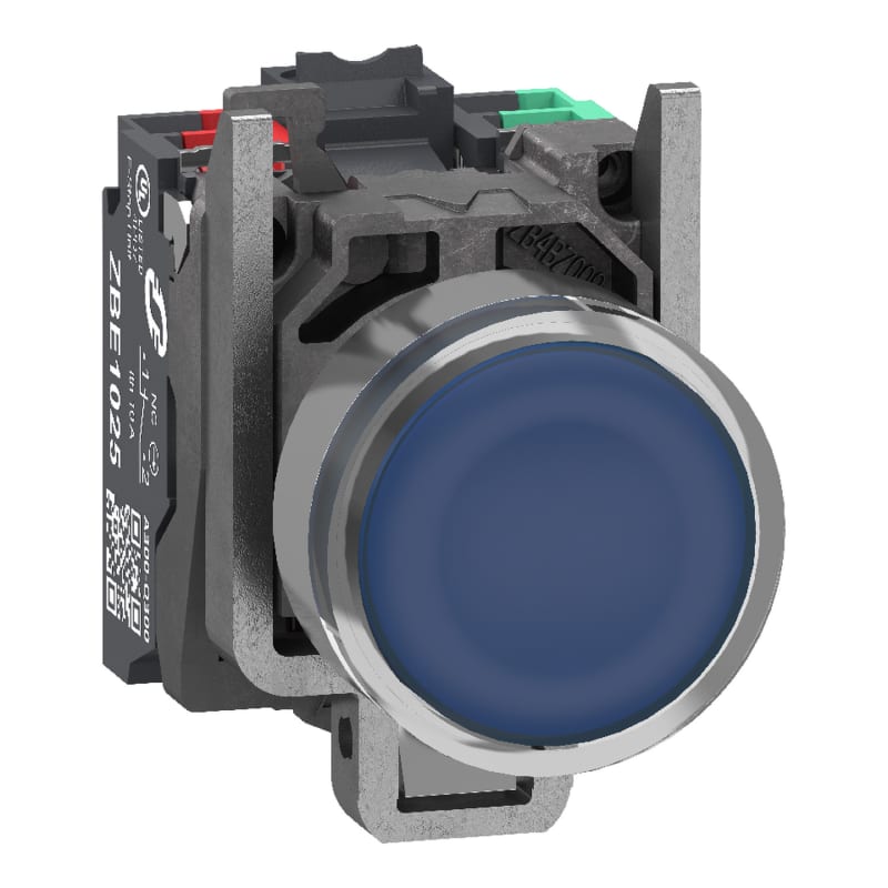 Schneider Electric Illuminated push button, Harmony XB4, metal, blue flush, 22mm, universal LED, plain lens, 1NO + 1NC, 24V AC DC, push in XB4BW36B55