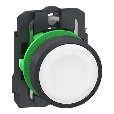 Schneider Electric Push button, Harmony XB5, grey plastic, flush, white, 22mm, spring return, unmarked, 1 NO, compact push in terminals XB5AA115