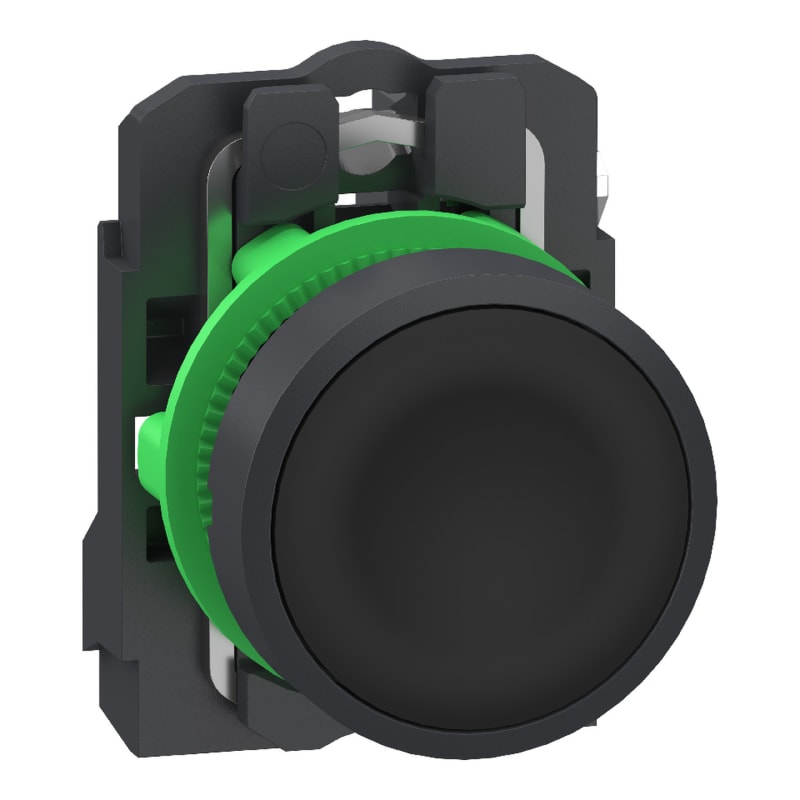 Schneider Electric Push button, Harmony XB5, grey plastic, flush, black, 22mm, spring return, unmarked, 1 NO, compact push in terminals XB5AA215