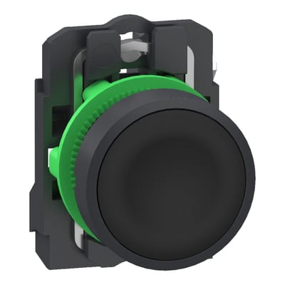 Schneider Electric Push button, Harmony XB5, grey plastic, flush, black, 22mm, spring return, unmarked, 1 NO, compact push in terminals XB5AA215