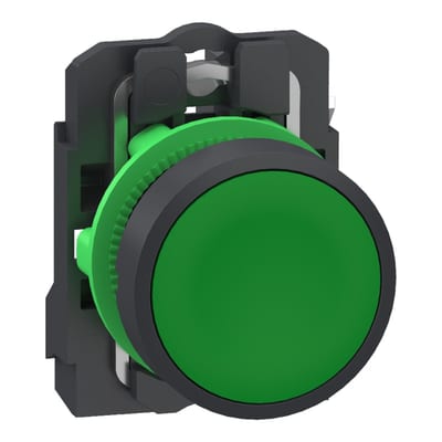 Schneider Electric Push button, Harmony XB5, grey plastic, flush, green, 22mm, spring return, unmarked, 1 NO, compact push in terminals XB5AA315