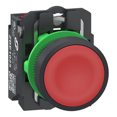Schneider Electric Push button, Harmony XB5, grey plastic, flush, red, 22mm, spring return, unmarked, 1 NC, compact push in terminals XB5AA425