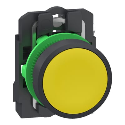 Schneider Electric Push button, Harmony XB5, grey plastic, flush, yellow, 22mm, spring return, unmarked, 1 NO, compact push in terminals XB5AA515