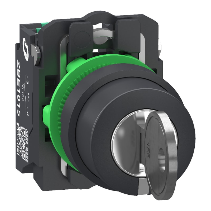 Schneider Electric Key switch selector, Harmony XB5, plastic, black, 22mm, key 455, 3 positions, stay put, key release 3 pos, 2 NO, push in XB5AG035