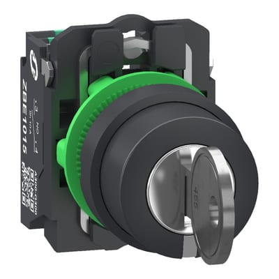 Schneider Electric Key switch selector, Harmony XB5, plastic, black, 22mm, key 455, 3 positions, stay put, key release center, 2 NO, push in XB5AG335