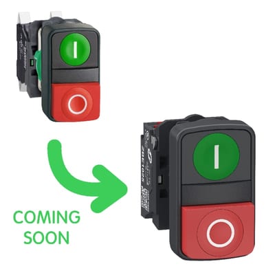 Schneider Electric Double headed push button, Harmony XB5, plastic, 22mm, 1 green marked I + 1 red projecting marked O, 1NO+1NC, push in XB5AL734155