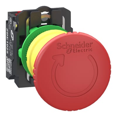 Schneider Electric Emergency stop switching off, Harmony XB5, grey plastic, red mushroom 40mm, 22mm, trigger turn to release, 1NC, push in XB5AS84425