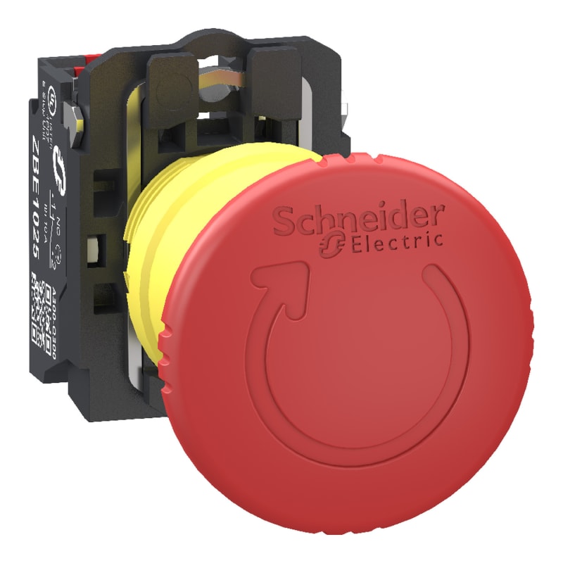 Schneider Electric Emergency stop switching off, Harmony XB5, plastic, red mushroom 40mm, 22mm, trigger turn to release, 1 NO+1 NC, push in XB5AS84455