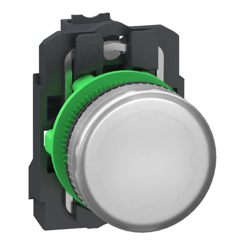 Schneider Electric Pilot light, Harmony XB5, grey plastic, white, 22mm, universal LED, plain lens, 24V AC DC, compact push in terminals XB5AVB15