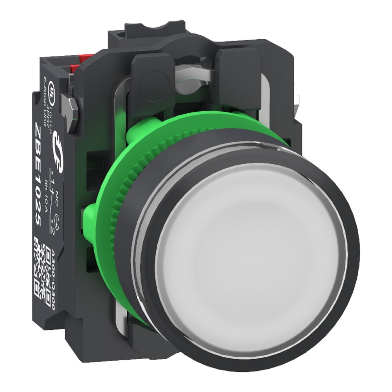 Schneider Electric Illuminated push button, Harmony XB5, plastic, white flush, 22mm, universal LED, plain lens, 1NO+1NC, 24V AC DC, push in XB5AW31B55