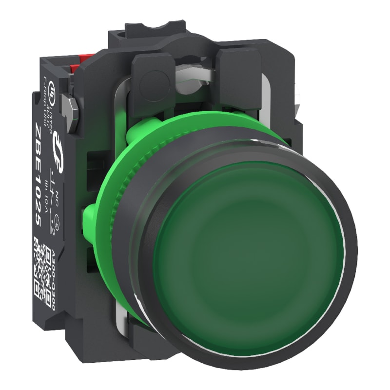 Schneider Electric Illuminated push button, Harmony XB5, plastic, green flush, 22mm, universal LED, plain lens, 1NO+1NC, 24V AC DC, push in XB5AW33B55