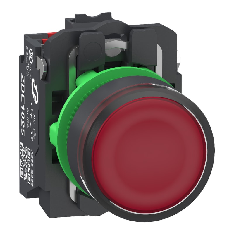Schneider Electric Illuminated push button, Harmony XB5, plastic, red flush, 22mm, universal LED, plain lens, 1 NO+1 NC, 24V AC DC, push in XB5AW34B55