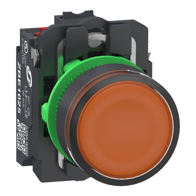 Schneider Electric Illuminated push button, Harmony XB5, plastic, orange flush, 22mm, universal LED, plain lens, 1NO+1NC, 24VAC DC, push in XB5AW35B55