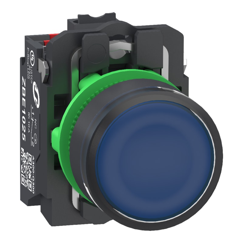 Schneider Electric Illuminated push button, Harmony XB5, plastic, blue flush, 22mm, universal LED, plain lens, 1NO+1NC, 24V AC DC, push in XB5AW36B55