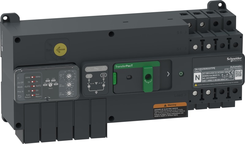 Schneider Electric transfer switch, TransferPacT automatic, 100A, 230V, 2P, rotary, frame 100A TA10D2S1003TPE
