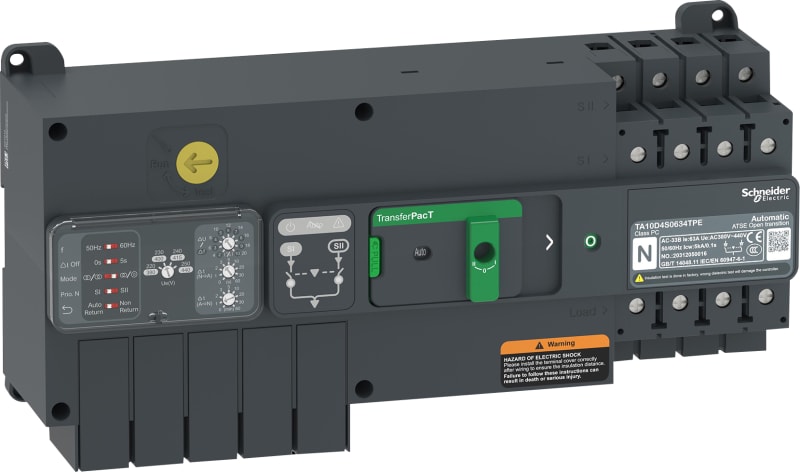 Schneider Electric transfer switch, TransferPacT automatic, 80A, 400V, 4P, rotary, frame 100A TA10D4S0804TPE