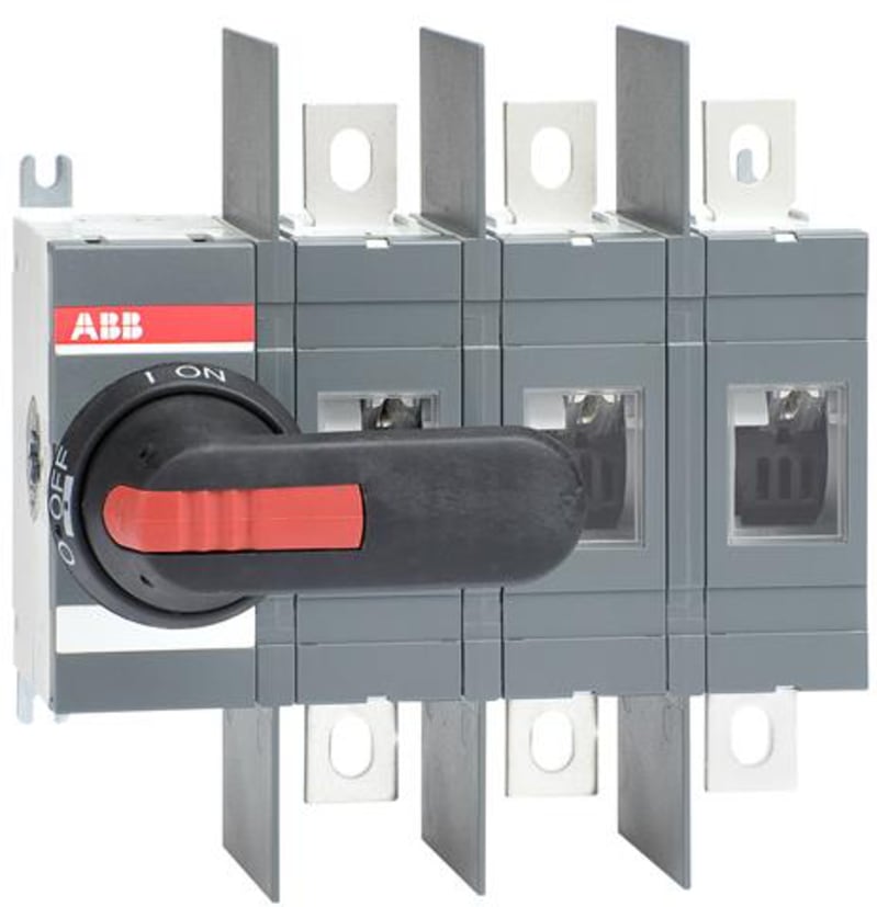 ABB 3-Pole, front operated, base mounted switch-disconnector with black IP65 handle and shaft, wide phase distance, terminal bolt kit included 1SCA022809R8650
