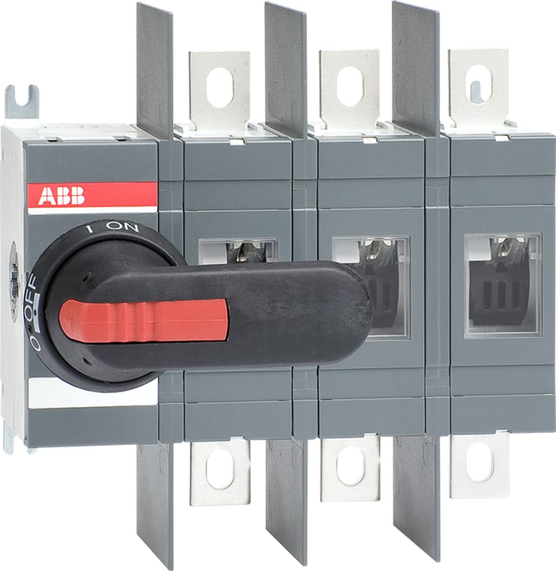 ABB 3-Pole, front operated, base mounted switch-disconnector with black IP65 handle and shaft, wide phase distance, terminal bolt kit included 1SCA022809R8310