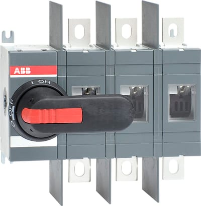 ABB 3-Pole, front operated, base mounted switch-disconnector with black IP65 handle and shaft, wide phase distance, terminal bolt kit included 1SCA022809R8310