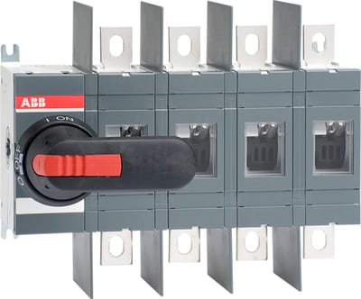 ABB 4-Pole, front operated, base mounted switch-disconnector with black IP65 handle and shaft, wide phase distance, terminal bolt kit included 1SCA022809R8900